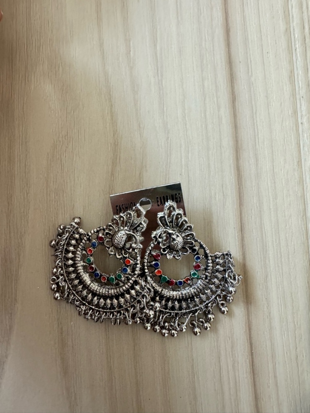 Intricate Silver-Tone Chandbali Earrings with Multicolor Accents